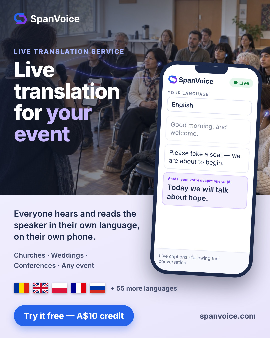 A speaker addressing a seated audience while a phone shows SpanVoice live captions in the listener's language